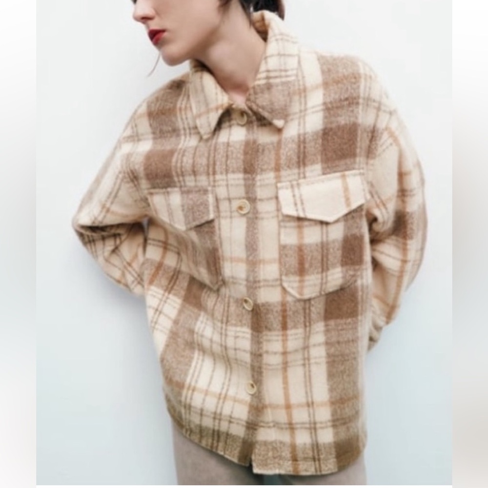 ZARA Wool Blend Checked Plaid oversized  Jacket size small